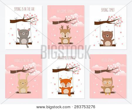 Vector Poster Collection With Cute Animals And Spring Slogan. Perfect For Baby Shower, Postcard, Lab