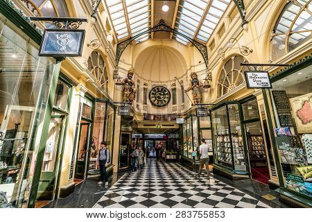 3rd January 2019, Melbourne Australia : Interior View Of Royal Arcade With People And Gaunt Clock In
