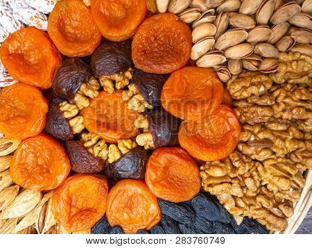 Food For Brain And Heart Dried Apricots And Nuts Concept Of Healthy Food.