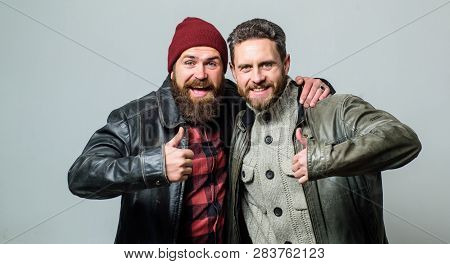 Brutal Bearded Men Wear Leather Jackets. Real Men And Brotherhood. Friends Glad See Each Other. Frie