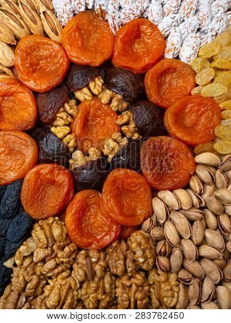 Nuts, Dried Apricots, Raisin. Healthy Eating. Top View