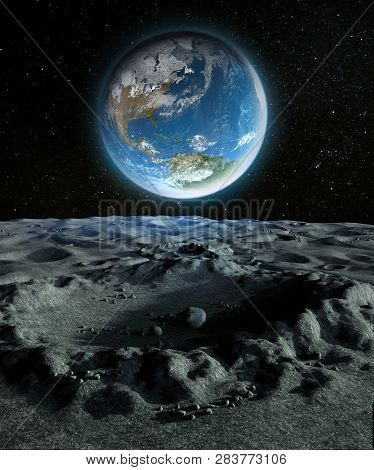 Blue Planet Earth From A Crater On The Moon's Surface