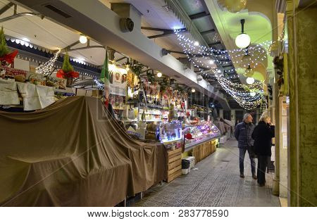 Modena, Emilia Romagna, Italy. December 2018. Interior Of The Albinelli Market,