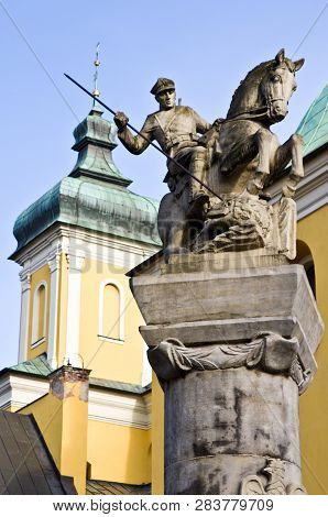 Poznan, Poland, Ludgarda Street View With Pomnik Ulanow (poznan Soldiers) Monument.