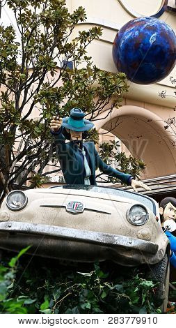 Osaka, Japan - Feb 11 2019 : Lupin The 3rd Car Chase Xr Ride At The Entrance Of Lupin And  Jigen Fig