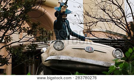 Osaka, Japan - Feb 11 2019 : Lupin The 3rd Car Chase Xr Ride At The Entrance Of Lupin And  Jigen Fig