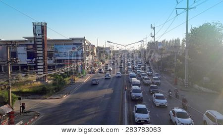 Chiang Mai, Thailand - February 7, 2019 : Vehicles Traffic During The Morning Rush Hour At Mahidol R