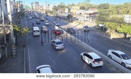 Chiang Mai, Thailand - February 7, 2019 : Vehicles Traffic During The Morning Rush Hour At Mahidol R