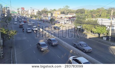 Chiang Mai, Thailand - February 7, 2019 : Vehicles Traffic During The Morning Rush Hour At Mahidol R