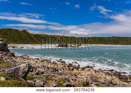 Amazing Coastline At Cape Foulwind Westport New Zealand, Great Coast With The Waves Of The Ocean In 