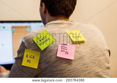 1 April Fools Day. Funny Day. April Fish. Prank. Inscriptions On The Back. Stickers With Jokes. Tric