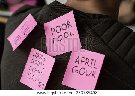 1 April Fools Day. Funny Day. April Fish. Prank. Inscriptions On The Back. Stickers With Jokes. Tric