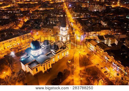 Odessa - February 09, 2019: Aerial View Of Varna At Night. Night City Odessa, Ukraine Aerial View.