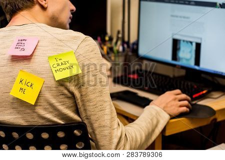 1 April Fools Day. Funny Day. April Fish. Prank. Inscriptions On The Back. Stickers With Jokes. Tric