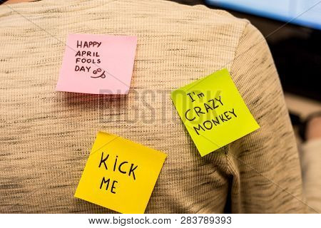 1 April Fools Day. Funny Day. April Fish. Prank. Inscriptions On The Back. Stickers With Jokes. Tric