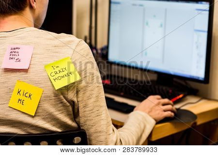 1 April Fools Day. Funny Day. April Fish. Prank. Inscriptions On The Back. Stickers With Jokes. Tric