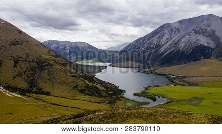 Lake Pearson From Above Shot With A Drone, Beautiful Lake Pearson In New Zealand, Great New Zealand 