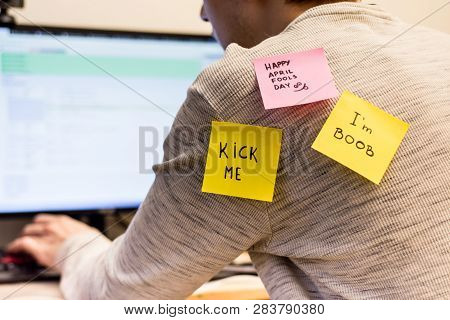 1 April Fools Day. Funny Day. April Fish. Prank. Inscriptions On The Back. Stickers With Jokes. Tric