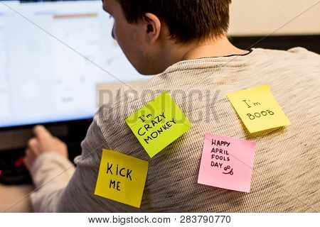 1 April Fools Day. Funny Day. April Fish. Prank. Inscriptions On The Back. Stickers With Jokes. Tric