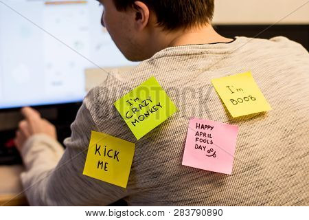 1 April Fools Day. Funny Day. April Fish. Prank. Inscriptions On The Back. Stickers With Jokes. Tric