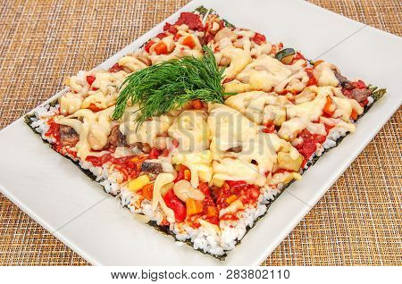 Pizza Sushi Set Of Sushi Basis And Base Roll Nside. Flat Plate, Top View.