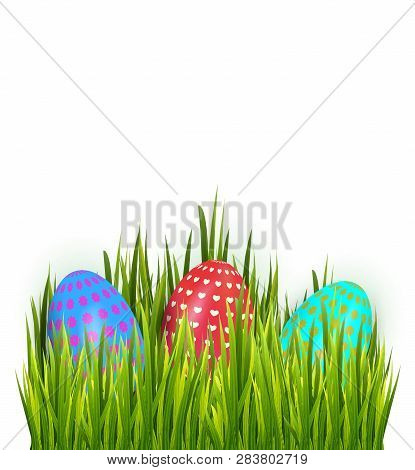 .happy Easter Colorful Painted Eggs Isolated On White Background With Grass. Greeting Card Decoratio