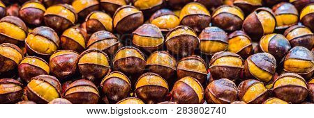 Bunch Of Roasted Chestnuts At Street Wendor. Roasted Chestnuts, Street Food Banner, Long Format