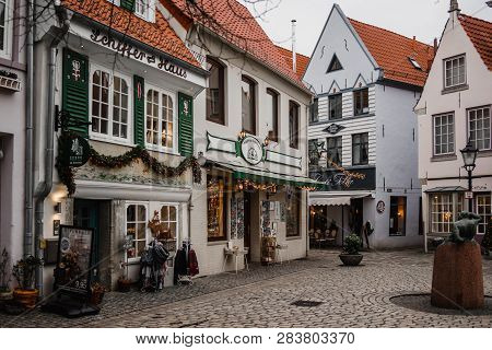 Bremen, Germany, January, 2019 - Colorful Houses In Historic Schnoorviertel In Bremen, Germany