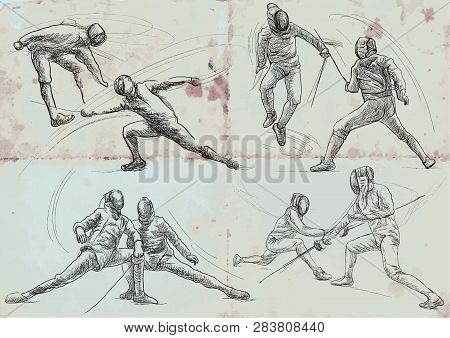 Competitive Fencing. Vector Collection, Pack. Two Sportmen, Athletes In A Match. An Hand Drawn Illus
