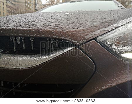 Freezing Rain On A Car - Photo Taken In Bucharest After The Freezing Rain In February 2019