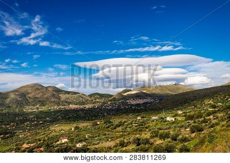 Sicilyan Landscape With Cloud Cap Of Altocumulus Lenticularis Cloud In Sicily