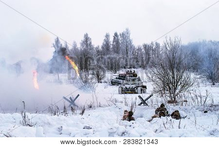 Krasnoye Selo, St. Petersburg, Russia - January 19, 2019: Military Historical Reconstruction - The B