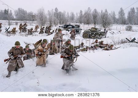Krasnoye Selo, St. Petersburg, Russia - January 19, 2019: Military Historical Reconstruction - The B