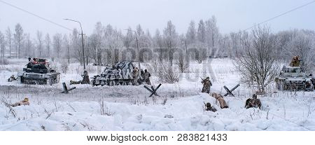 Krasnoye Selo, St. Petersburg, Russia - January 19, 2019: Military Historical Reconstruction - The B