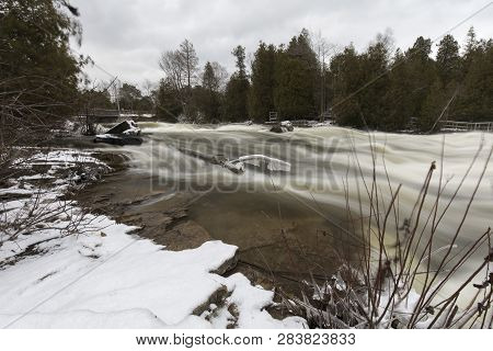 Waterfalls At Sauble Falls Provincial Park Ontario Canada In Winter Conditions