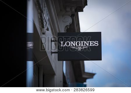 London, Greater London, United Kingdom, 7th February 2018, A Sign And Logo For Longines Jewellers An