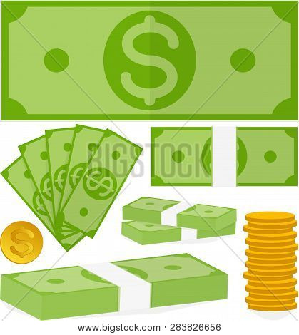 Money Dollars And Coins Set Finance Vector Illustration
