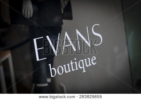 London, Greater London, United Kingdom, 7th February 2018, A Sign And Logo For Evans Boutique Store