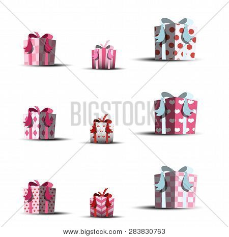 Set Of Gift Boxes On Isolited Background. Gift Boxes For Valentine Day In Pink, Red And White Colors