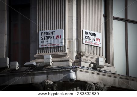 London, United Kingdom, February 7th 2019, Sign For Regent Street And Oxford Circus Junction
