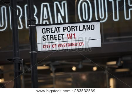 London, United Kingdom, February 7th 2019, Sign For Great Portland Street