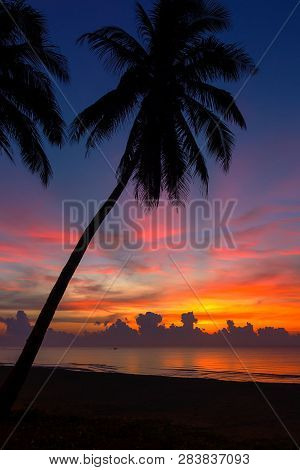 Sunrise Silhouette Beautiful On Beach At Thung Wua Lan Beach, Chumphon Province Thailand