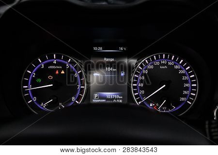 Novosibirsk, Russia - February 10, 2019:  Infiniti Q50, Close-up Of The Dashboard, Speedometer And T
