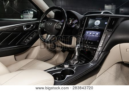 Novosibirsk, Russia - February 10, 2019:  Infiniti Q50, Close-up Of The Dashboard, Speedometer, Tach