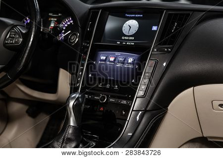 Novosibirsk, Russia - February 10, 2019:  Infiniti Q50, Close-up Of The Dashboard, Adjustment Of The