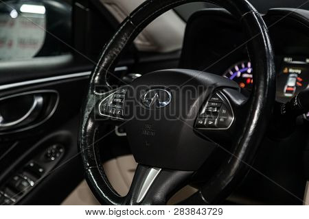 Novosibirsk, Russia - February 10, 2019:  Infiniti Q50, Close-up Of The Dashboard, Speedometer, Tach