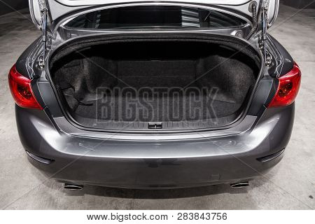 Novosibirsk, Russia - February 10, 2019:  Infiniti Q50, Close-up Of The Luggage Boot, Front View. Ph