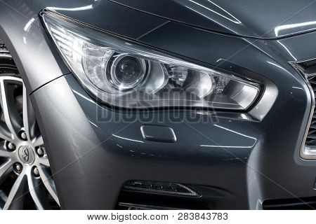 Novosibirsk, Russia - February 10, 2019:  Infiniti Q50, Close-up Of The Headlights. Photography Of A