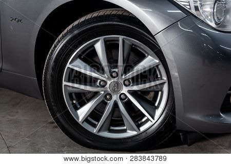 Novosibirsk, Russia - February 10, 2019:  Infiniti Q50, Close-up Of The Wheel. Photography Of A Mode