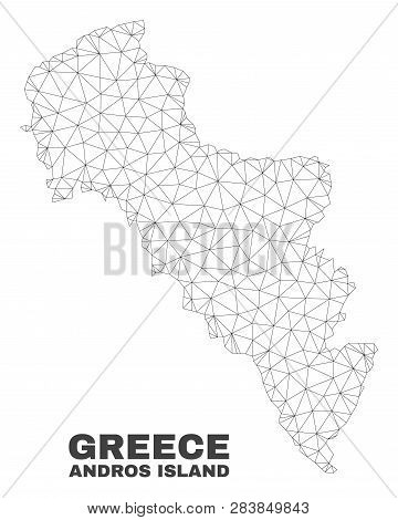 Abstract Andros Island Of Greece Map Isolated On A White Background. Triangular Mesh Model In Black 